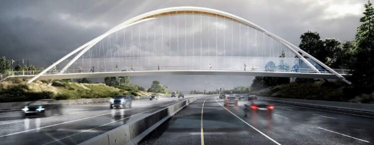 Option 1: Artistic rendering of the pedestrian and cyclist overpass design across Highway 1 between Burnaby Lake and Deer Lake. (City of Burnaby)