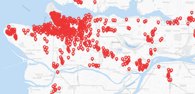 Map of Modo car share availability in Metro Vancouver on November 7, 2023. (Modo)