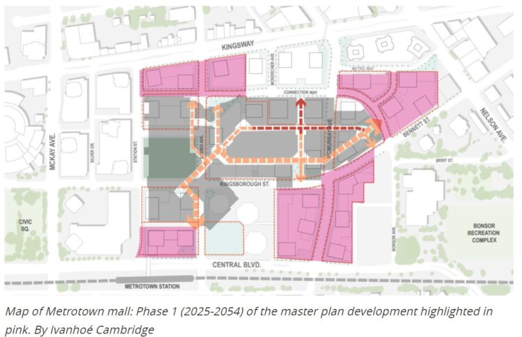 Map of Metrotown mall: Phase 1 (2025-2054) of the master plan development highlighted in pink. By Ivanhoé Cambridge